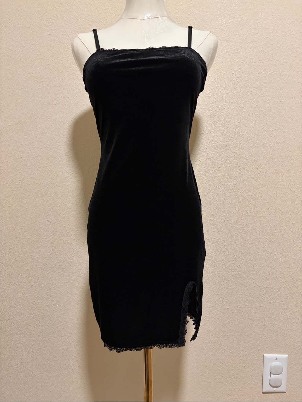 Forever 21 Black Velvet Mini Slip Dress with Lace Trim